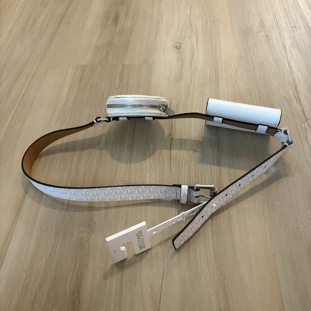 Michael Kors Women S/M Belt White Coins Pouch Set Silver Buckle 556274 White